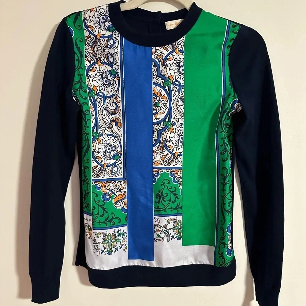 Tory Burch Silk print front patch navy light sweater